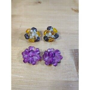 Lot of 2 Pair Vintage Estate Purple Gold Bead Cluster Clip Earrings West Germany